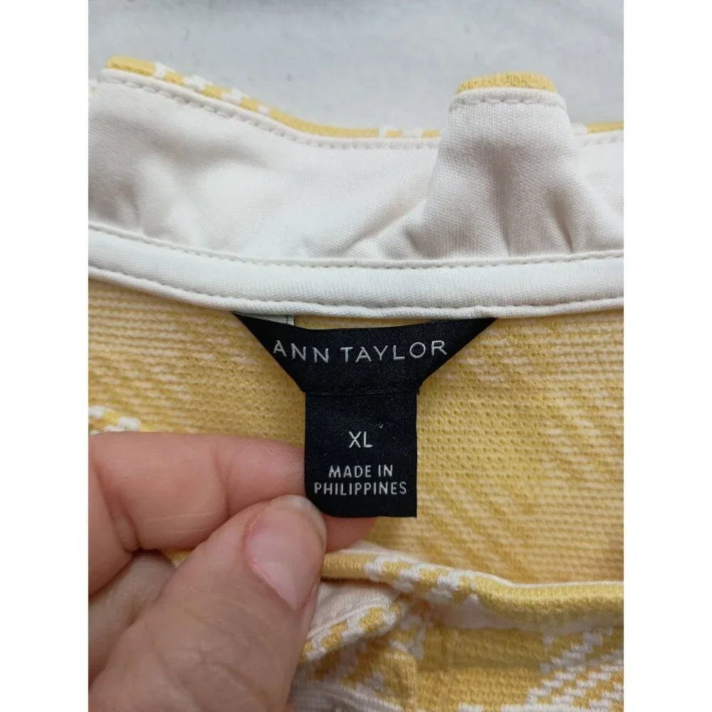 Ann Taylor Womens Preppy Top Size XL White Yellow‎ Plaid Ruffle Neck Sleeveless